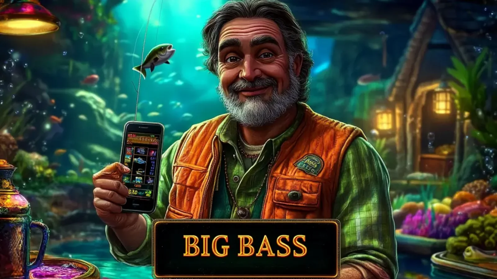 Big Bass fisherman slot game with mobile casino interface