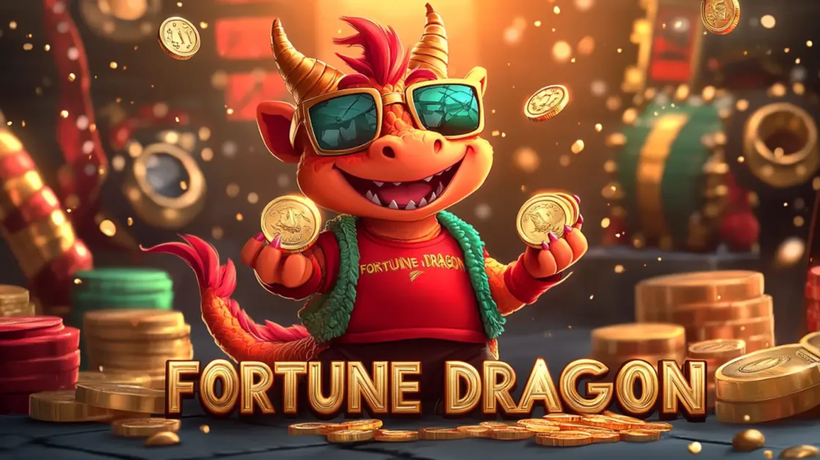 Fortune Dragon slot game character holding gold coins