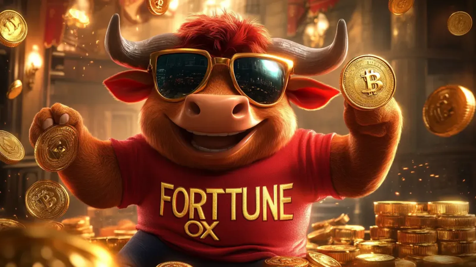 Fortune Ox slot game character holding bitcoin coin