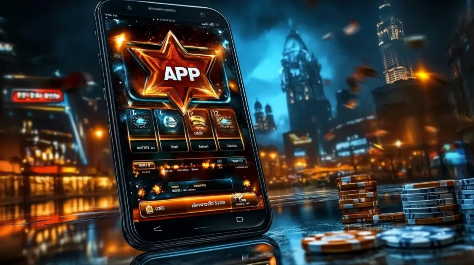 Mobile casino app screen with games and bonuses in night city background