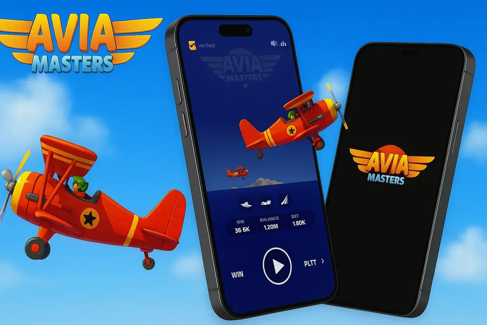 Aviamasters mobile game interface with red airplanes and win statistics