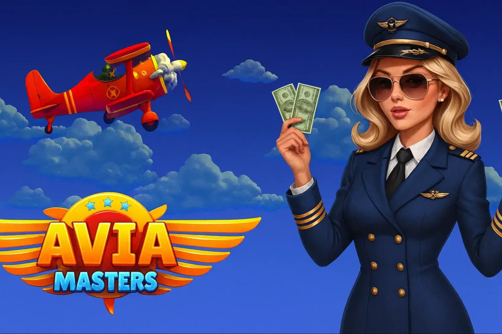 Aviamasters game banner with pilot woman holding money and red airplane in the sky