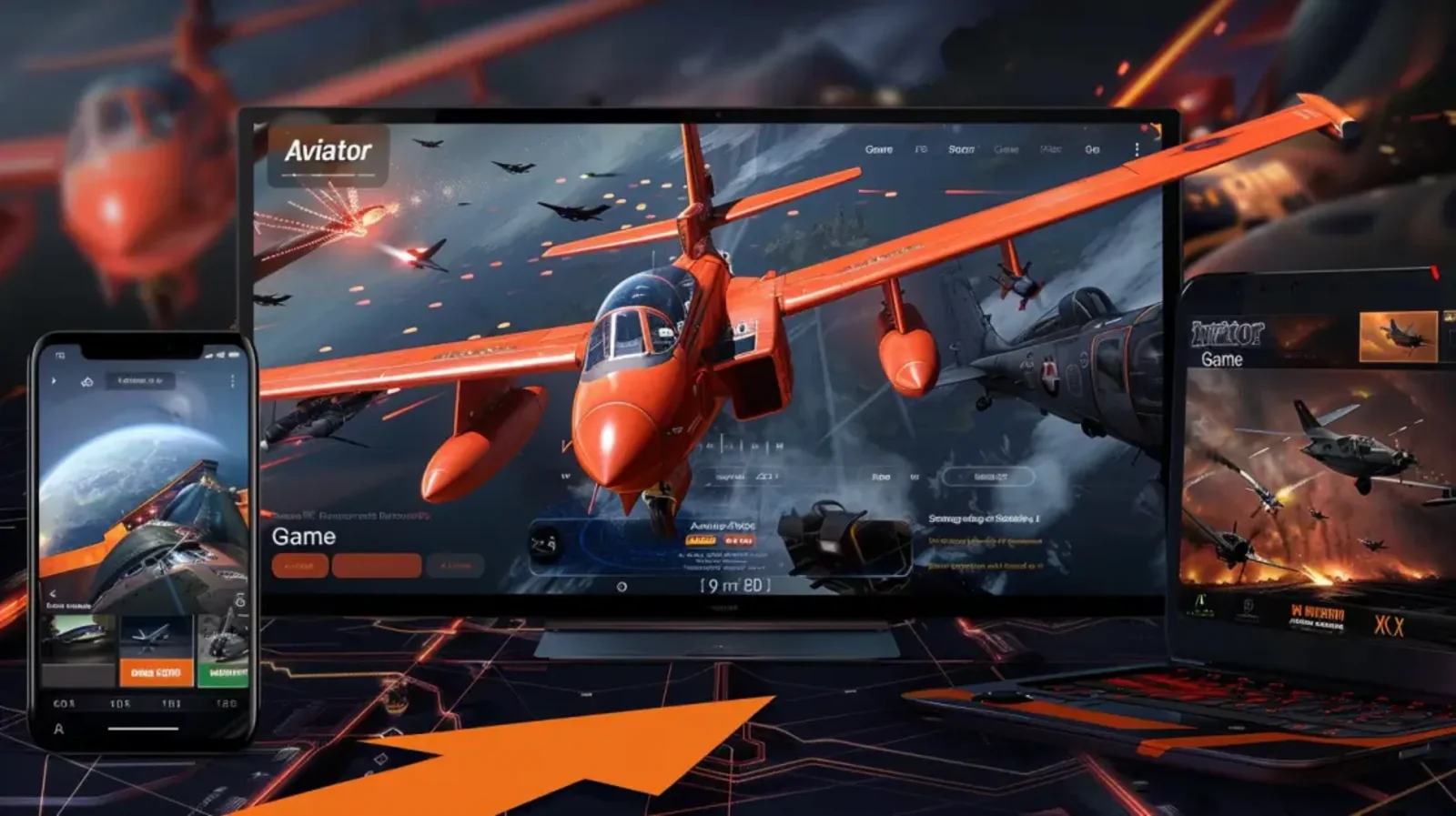 Aviator game battle scene with a red jet in mid-air combat displayed across multiple devices