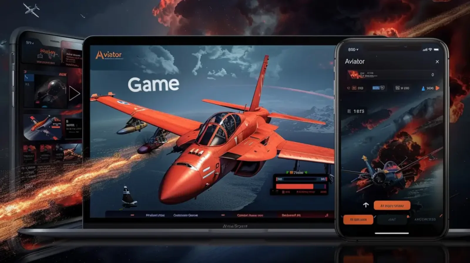 Aviator crash game displayed on laptop and smartphone screens with a red jet flying over a dramatic sky