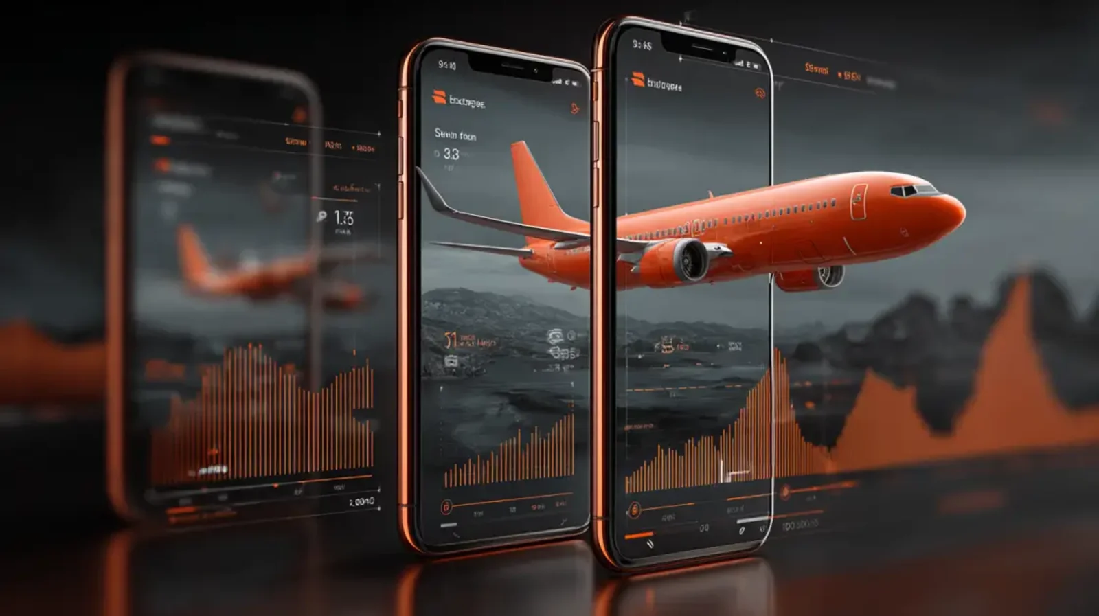 Red airplane shown inside a mobile betting interface with flight statistics and dynamic charts