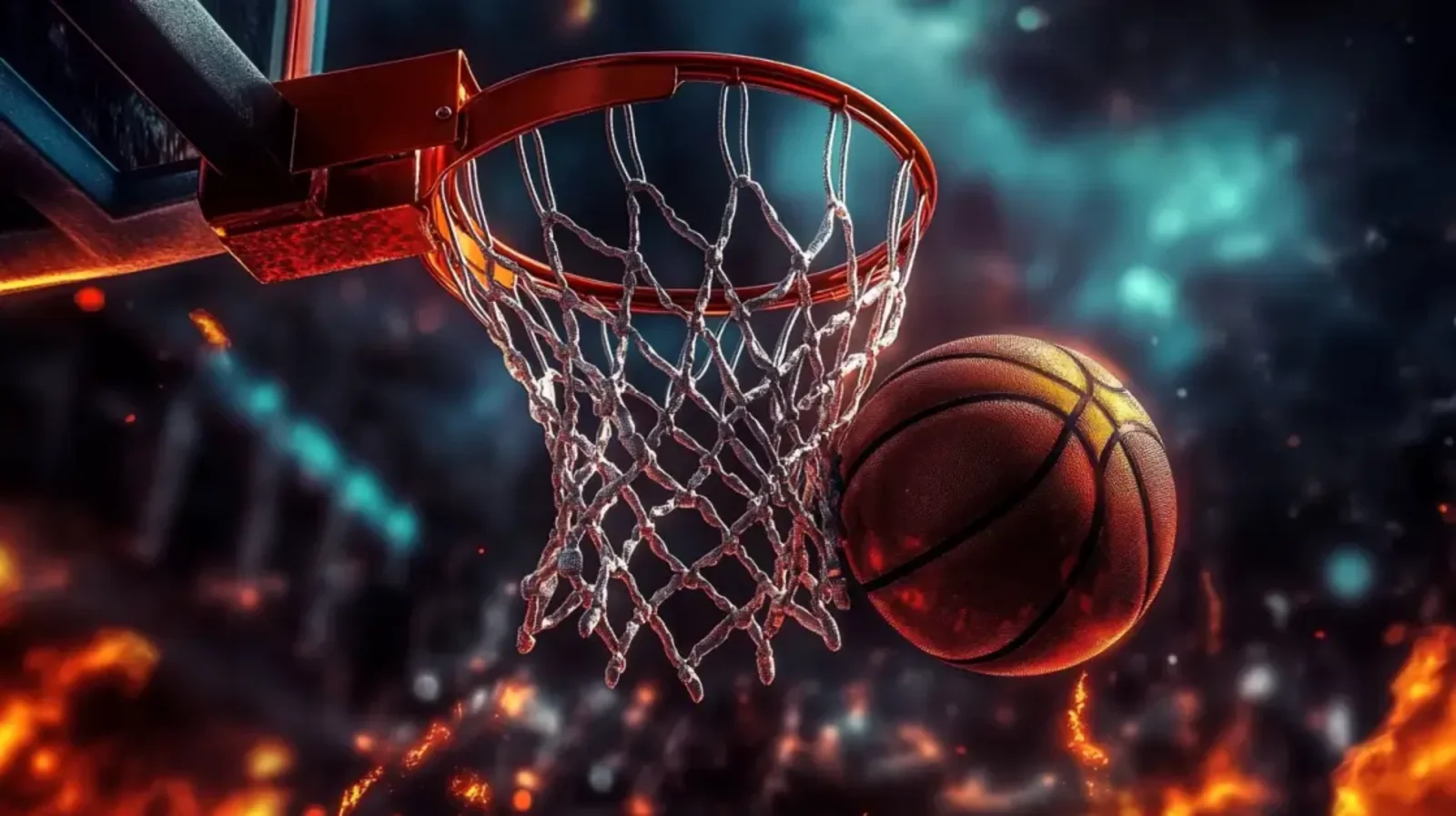 Dramatic basketball shot going through the hoop with fire and stadium lights, symbolizing sports betting excitement