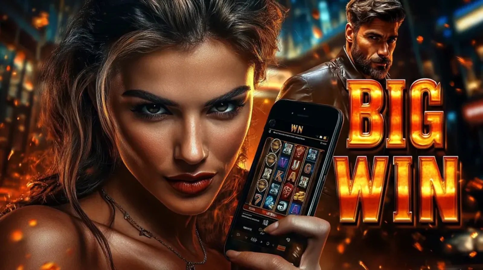 Confident woman holding a smartphone with slot game reels and big win message, dramatic casino atmosphere with glowing lights