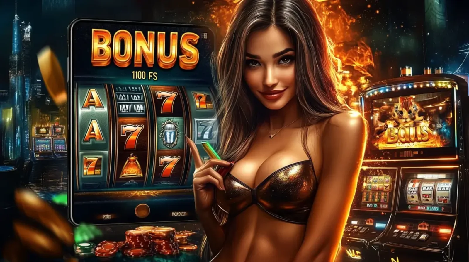 Attractive woman standing near a slot machine showing bonus round and free spins with coins and fire effects