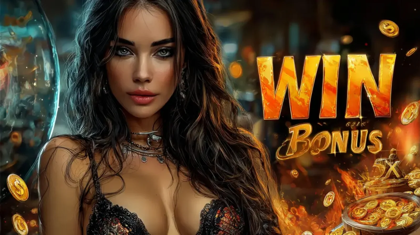 Elegant woman in a casino environment with win bonus text, golden coins and premium bonus promotion background