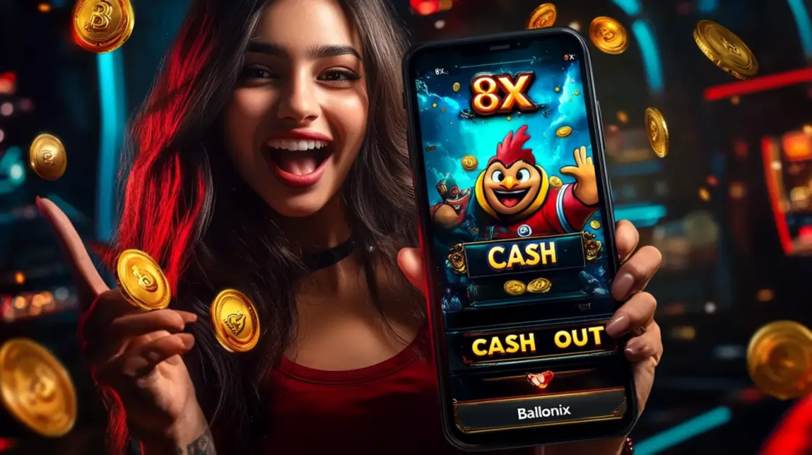 Mobile casino game showing big win cash out with multiplier and flying coins