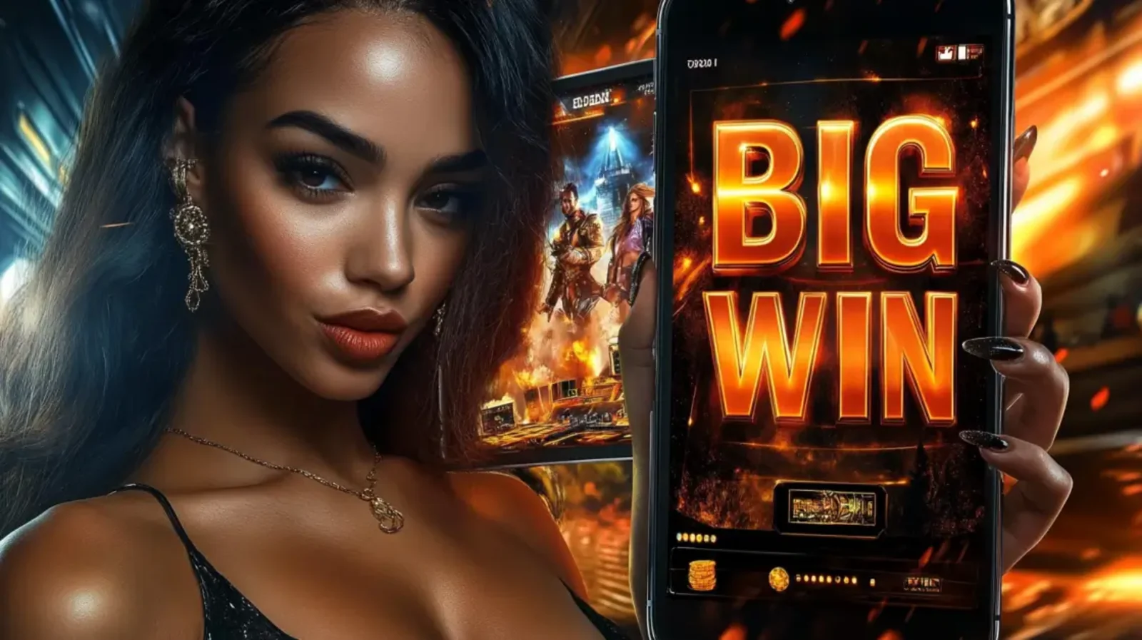Woman holding smartphone with big win casino game screen