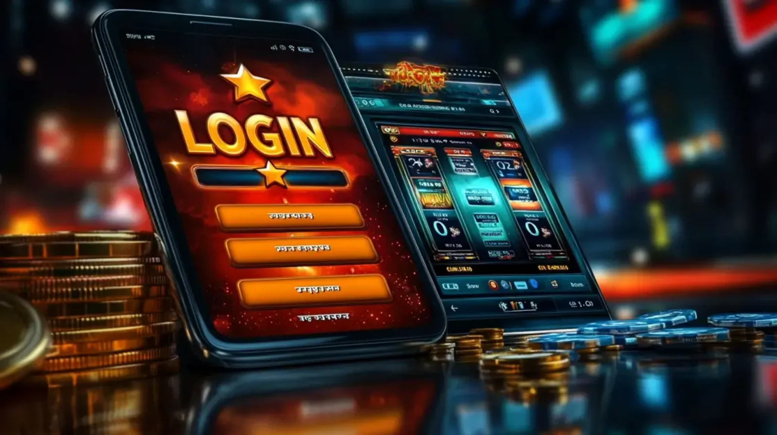 Casino login and registration screen displayed on two mobile devices