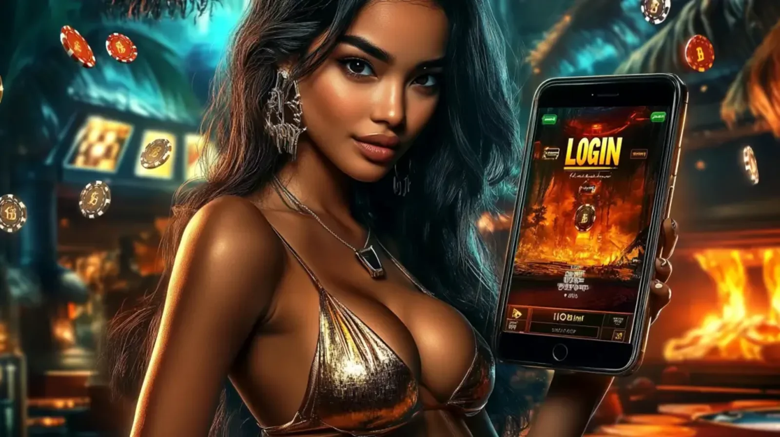 Woman holding a smartphone with a casino login screen and registration interface