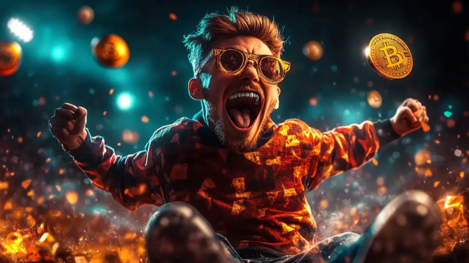 Excited man celebrating a big win in a live casino with flying coins and bright lights