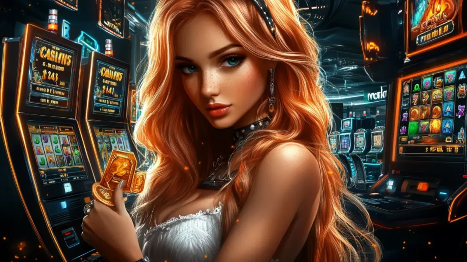 Elegant red-haired woman holding casino chips inside a live casino hall with modern slot machines